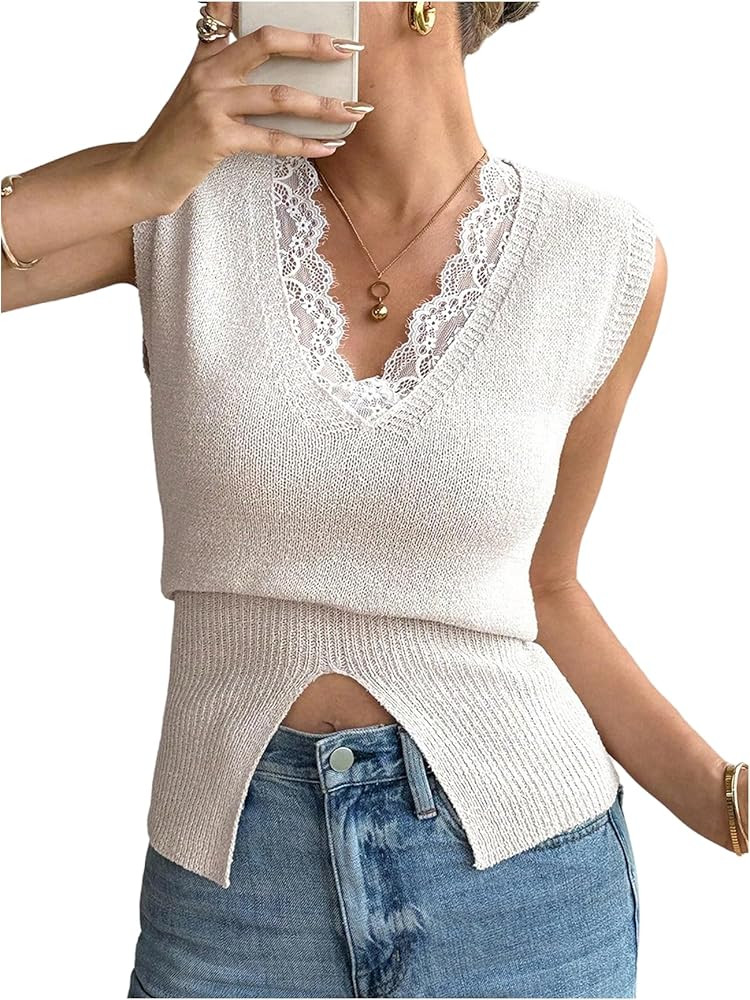 WDIRARA Women's Lace Trim Sweater Vest Deep V Neck Sleeveless Knit Tank Top with Split Front Casu... | Amazon (US)