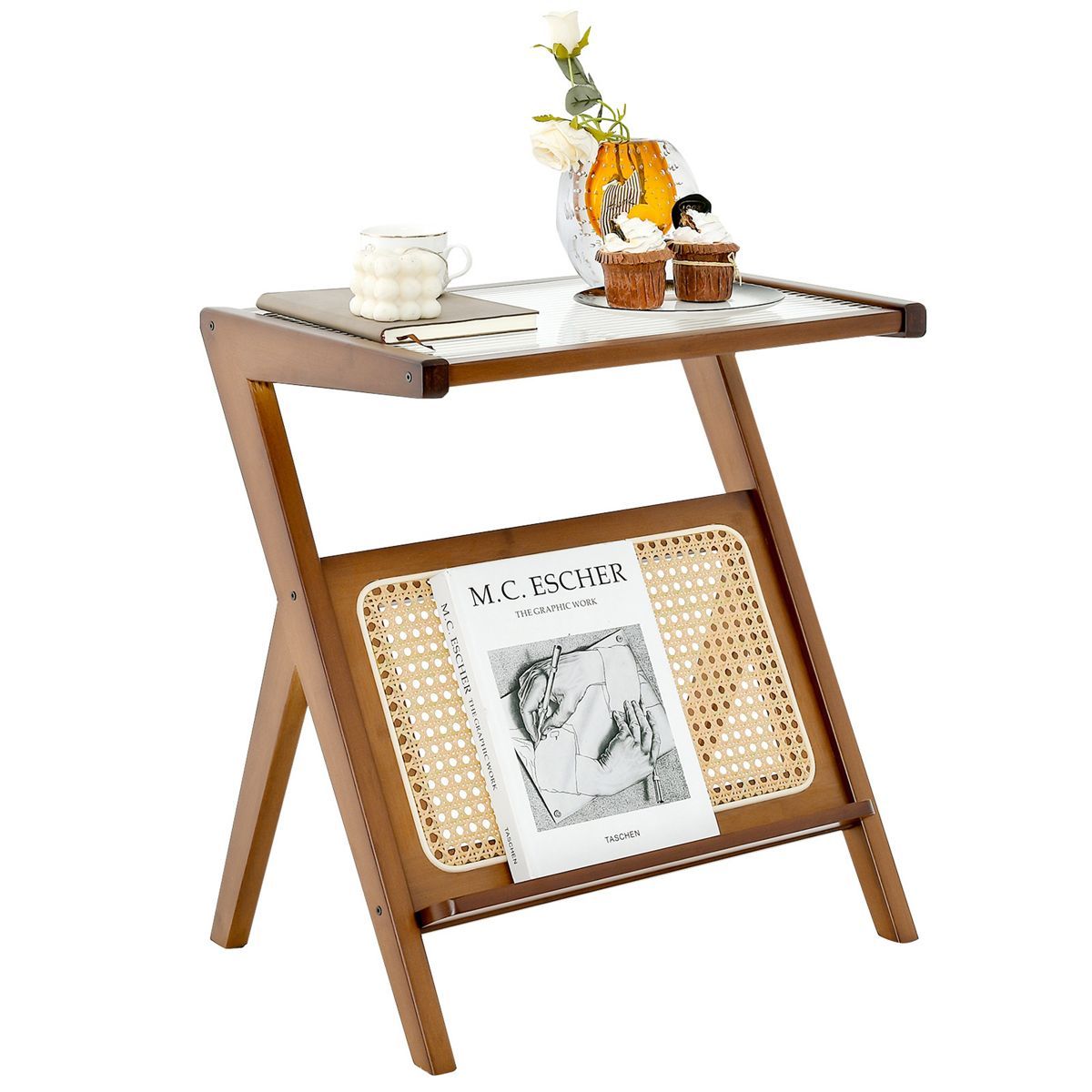 Costway Rattan Side Table Bamboo Accent Bedside Table with Tempered Glass Top Walnut/Natural | Target