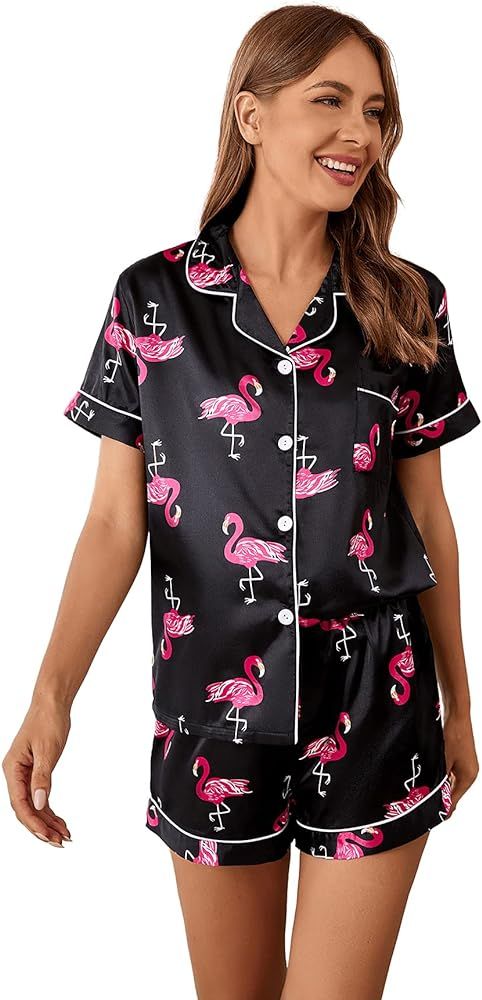 WDIRARA Women's Sleepwear Satin Short Sleeve Shirt and Shorts Cartoon Print Pajama Set | Amazon (US)
