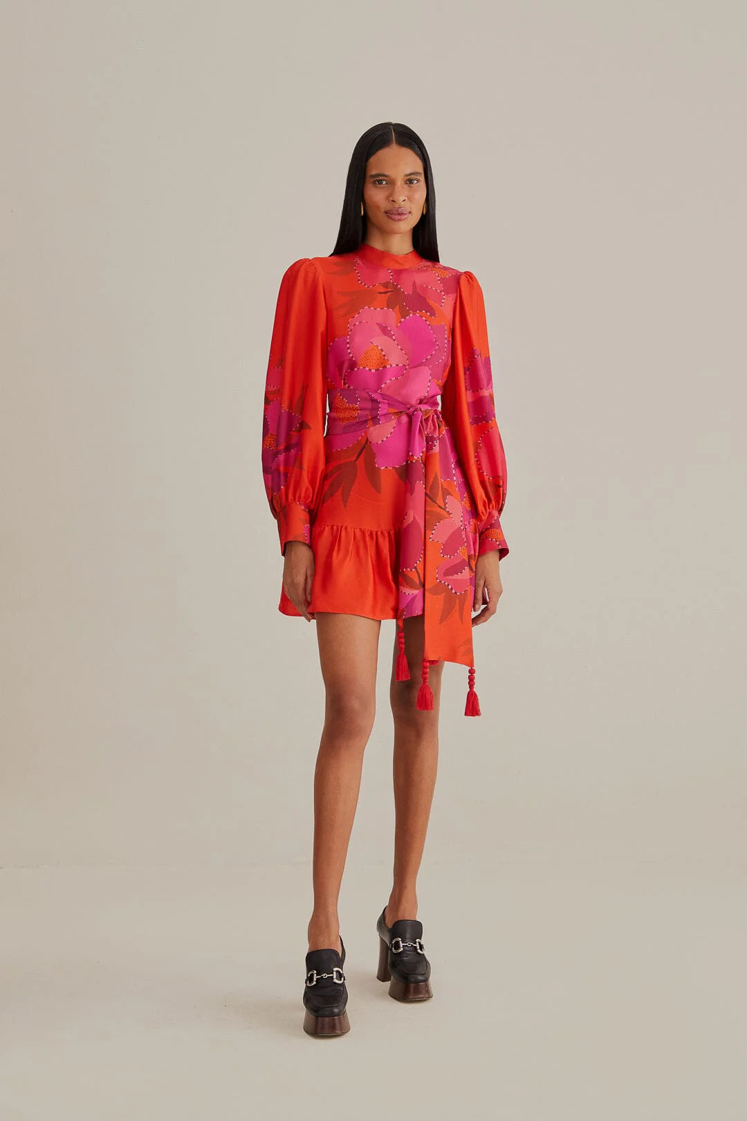 red peony long sleeve mini dress | FarmRio (US)