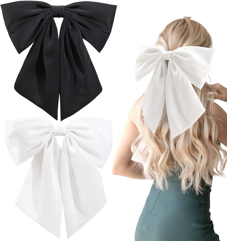 2Pcs Big Satin Hair Bows for Women Girls 10 Inch Barrette Hair Clip Long Black White Silk Ribbon ... | Amazon (US)