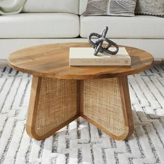 Lisbon 34 in. Round Cane Rattan & Mango Wood Coffee Table | The Home Depot