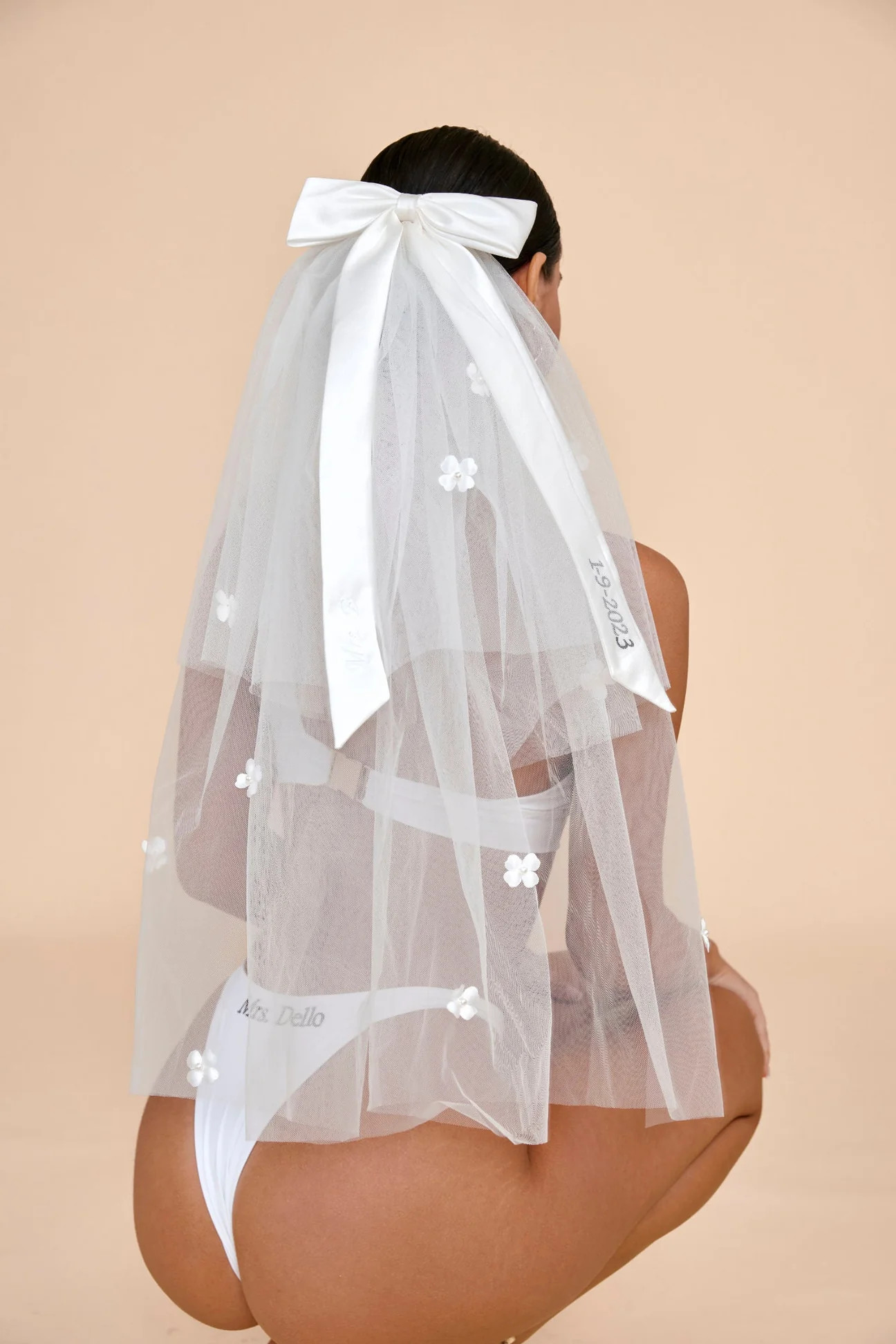 Vellah Bridal Veil - White, Satin Bow, Pearl Flower Detail | ALT SWIM