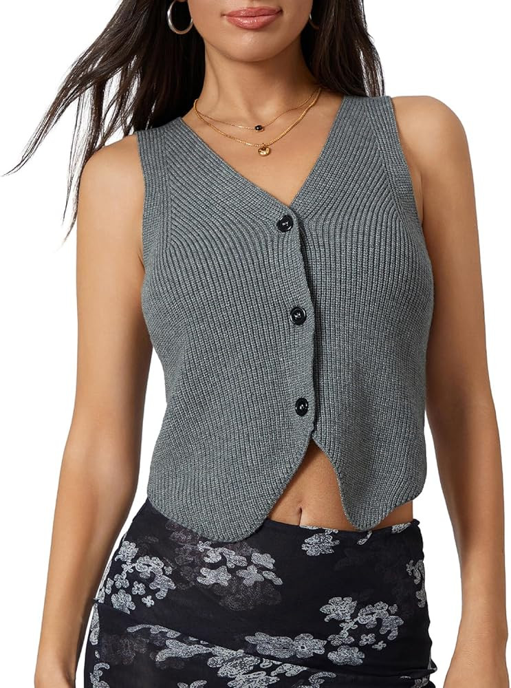 Women Knit Vest Top Y2k V Neck Sleeveless Button Up Crochet Going Out Tops Fashion Streetwear | Amazon (US)