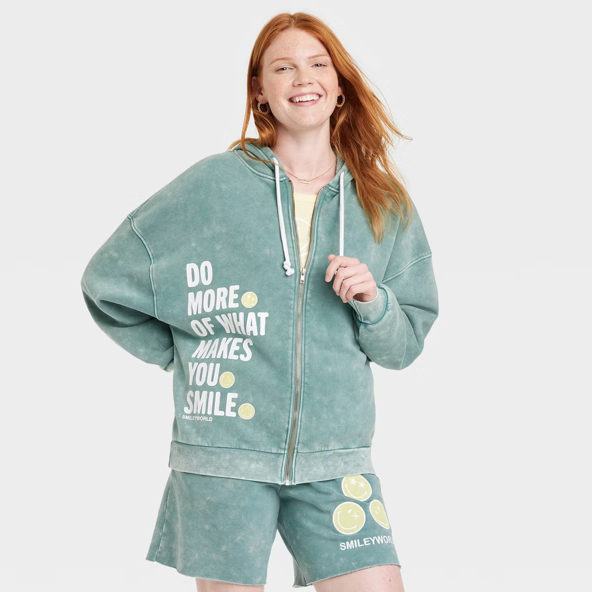 Women's SmileyWorld What Makes You Smile Graphic Zip-Up Sweatshirt - Green | Target