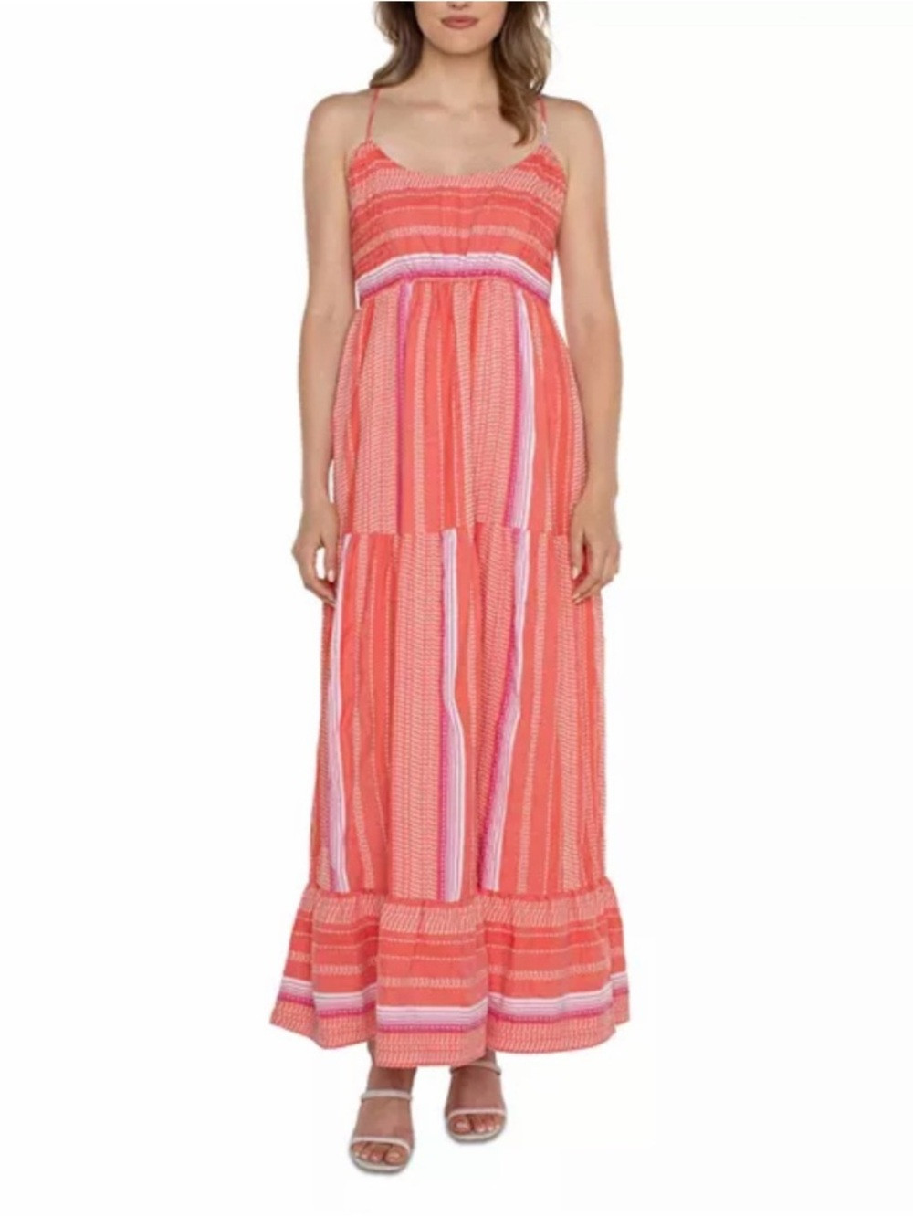 Liverpool LA Tiered Summer Maxi Dress Racerback Cotton Stripe Coral XS NWT | Poshmark