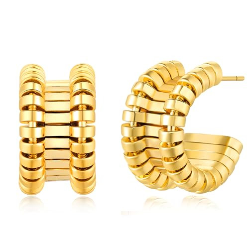 Chunky Gold Hoop Earrings for Women, 14k Gold Plated Trendy Chunky Gold Hoops, Hypoallergenic Fashion Thick Gold Statement Stud Earrings | Amazon (US)