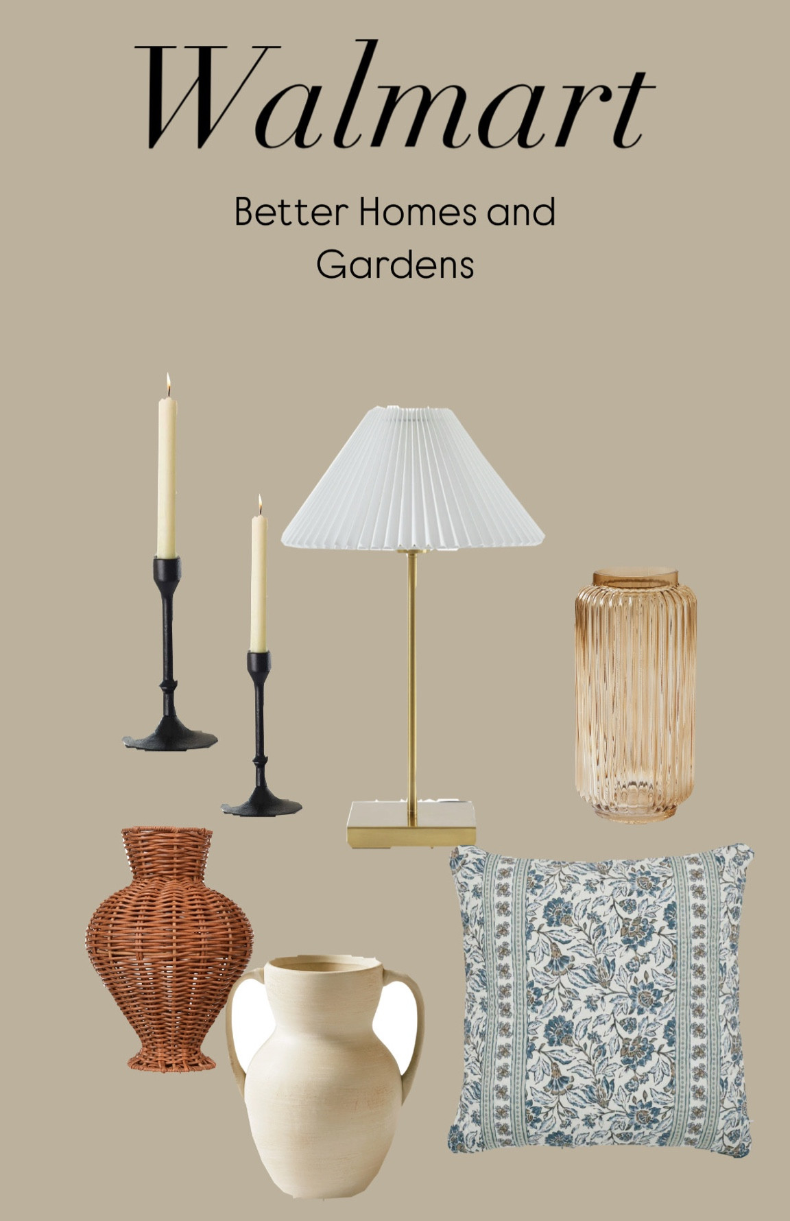 Walmart home decor: Better Homes and Gardens
Pleated Lamp, Blue Floral Pillow, wicker vase, pitcher, candle sticks ribbed vase

#LTKSeasonal #LTKGiftGuide #LTKHome