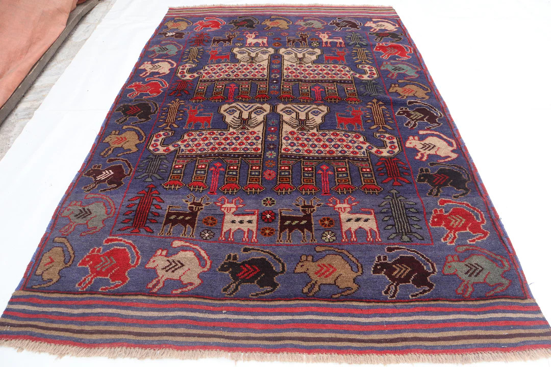 Animal Pictorial Blue Rug, 4x6 Handmade Wool Rug, Turkmen Tribal Rug, Organic Dyes Pictorial Rug,... | Etsy (US)