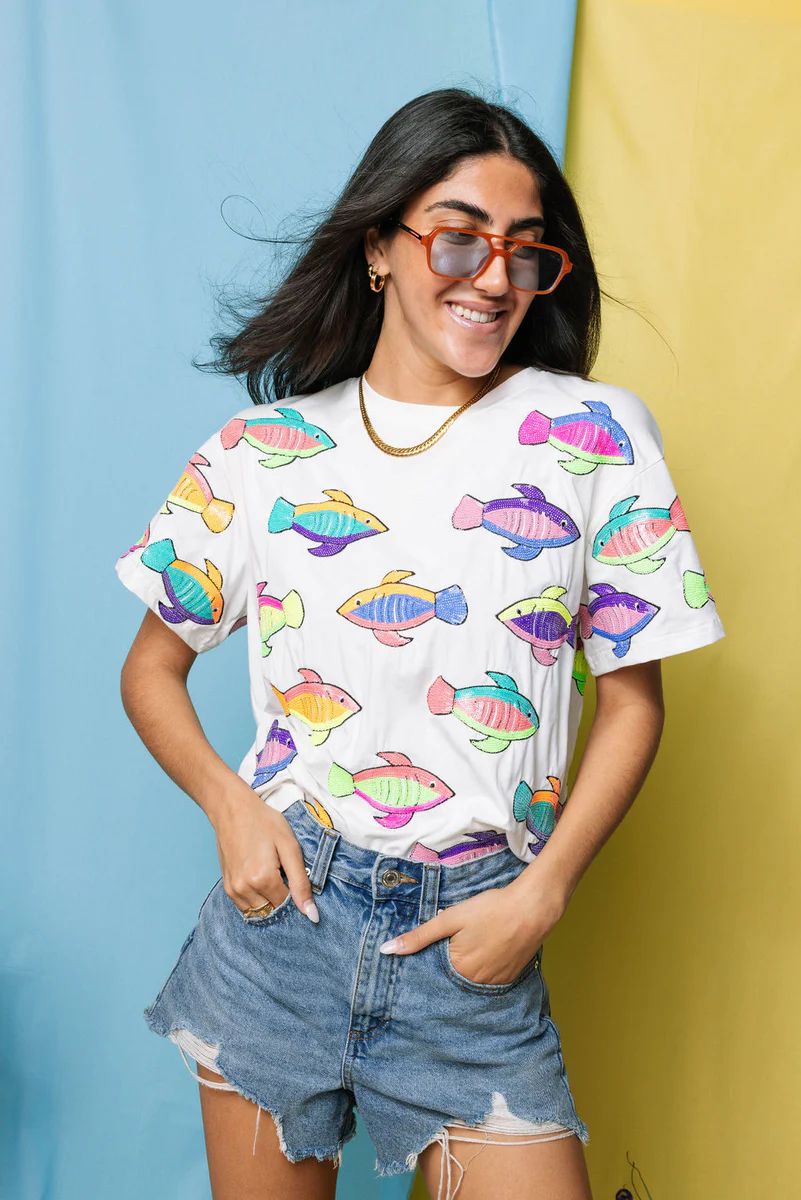 White Neon Scattered Fish Tee | Queen of Sparkles