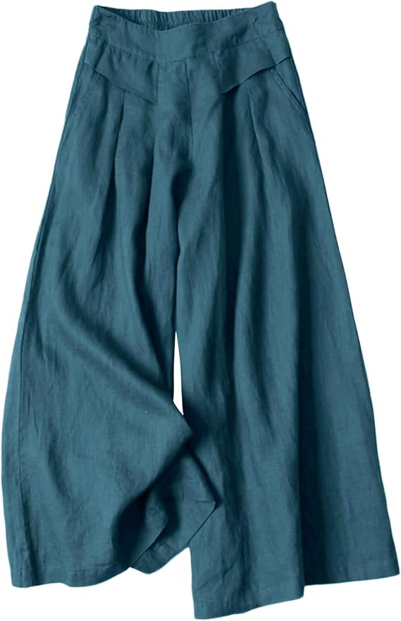 Hooever Women's Cotton Linen Culottes Pants Elastic Waist Wide Leg Palazzo Trousers Capri Pant | Amazon (US)