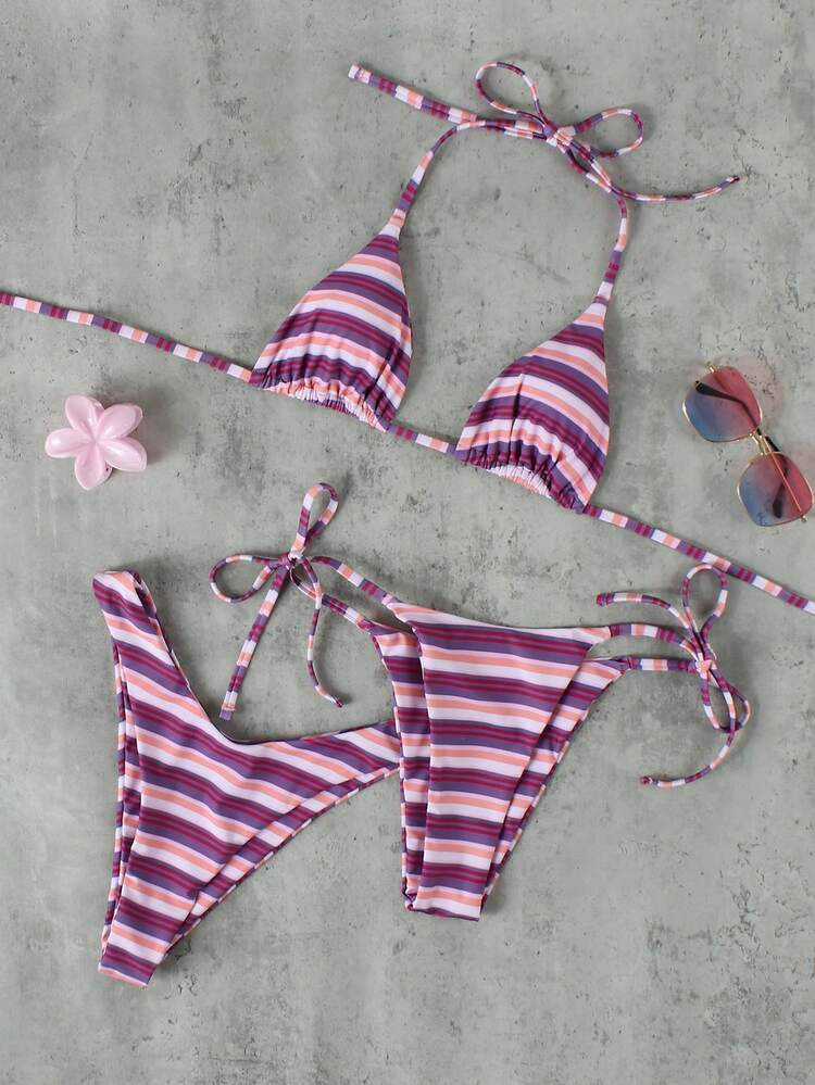 Women's Pink & Purple Striped Halter Bikini 3-Piece Swimsuit, Elegant & Sexy, Suitable For 2026 Spring/Summer Beach Vacation | SHEIN