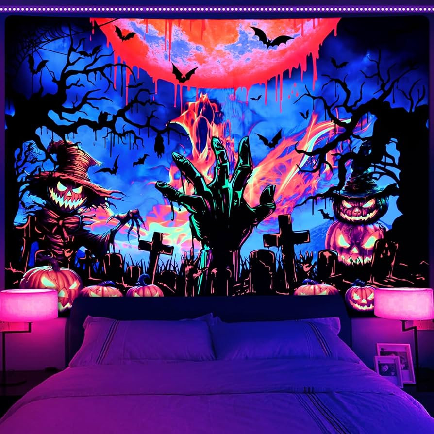 Krelymics Blacklight Halloween Tapestry UV Pumpkin Skull Hand Tapestries Spooky Scarecrow Tapestr... | Amazon (US)