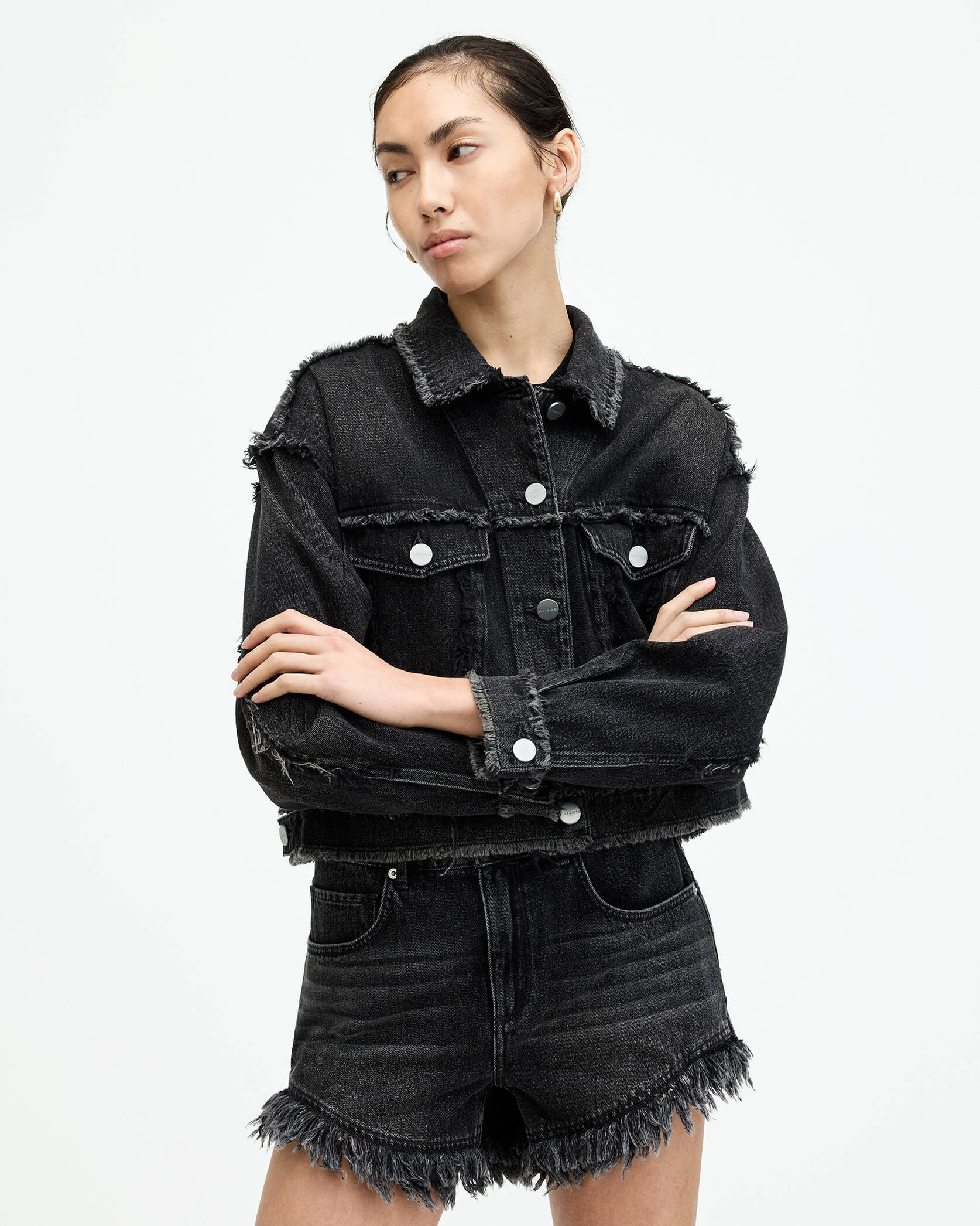Astrid Frayed Denim Shorts Washed Black | ALLSAINTS | AllSaints UK
