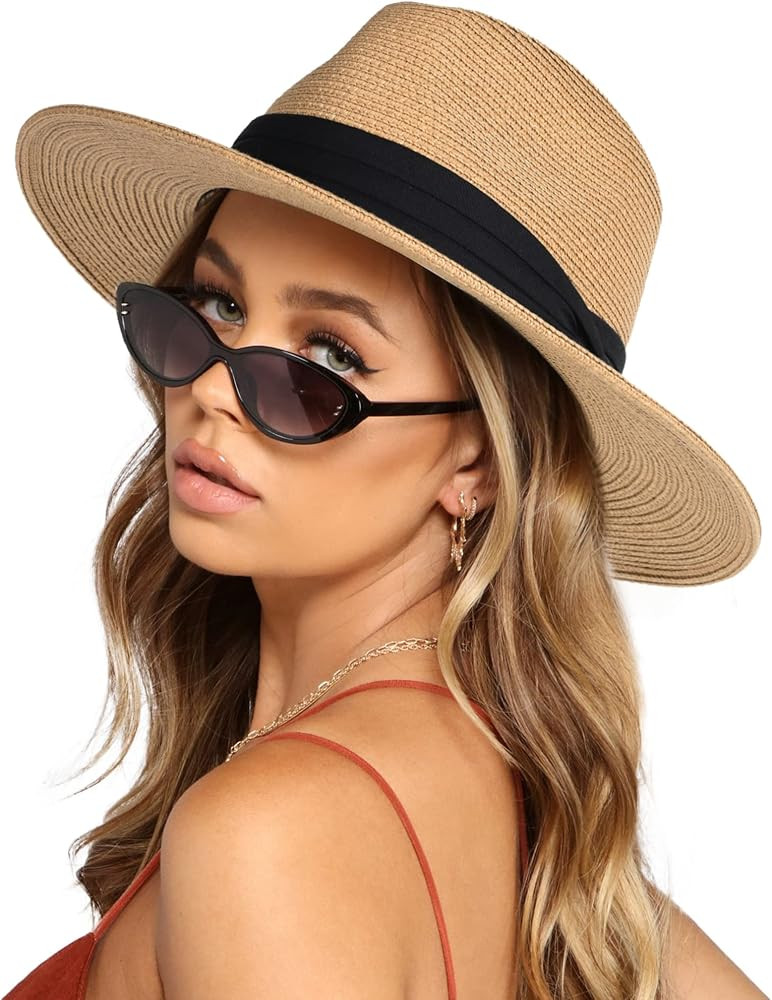 FURTALK Womens Mens Wide Brim Straw Panama Hat Fedora Summer Beach Sun Hat | Amazon (US)