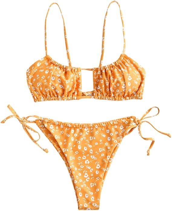 ZAFUL Women's Spaghetti Strap Cutout Keyhole Ruched Tie Cami Bikini Set Swimsuit | Amazon (US)