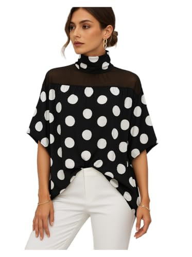 Dynvernal Polka Dot Flowy Tops for Women Casual Mesh Mock Neck Batwing Sleeve Shirts Loose Blouses | Amazon (US)