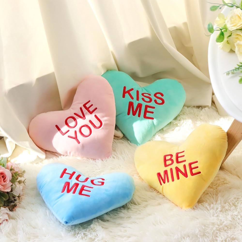 Bunny Chorus Valentines Day Decor, 4pcs Love Heart Shaped Pillows, 8"x9" Candy Heart Stuffed Plus... | Amazon (US)