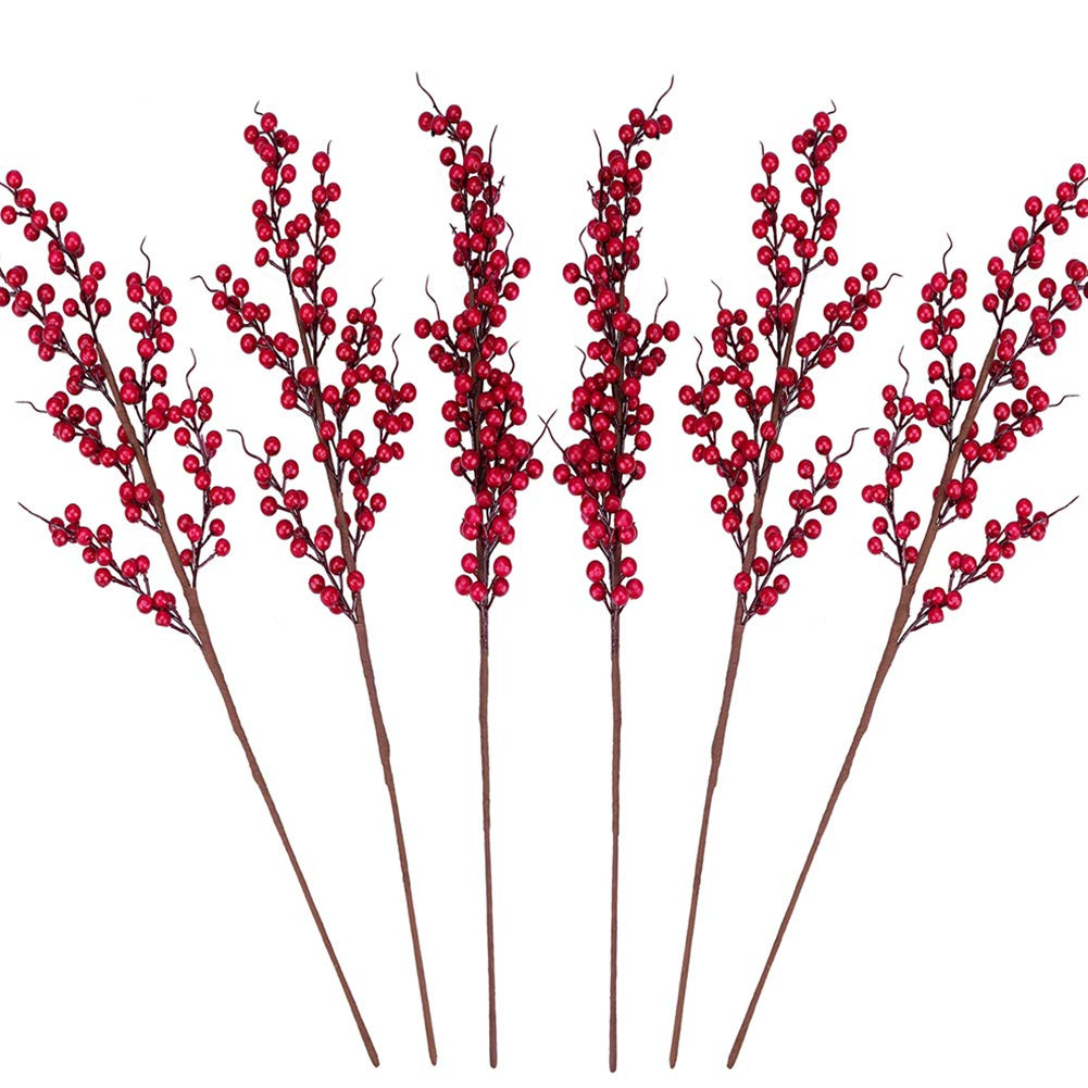 GREENTIME 6 Pack Red Artificial Long Berry Stems Fake 25.2" Christmas Picks Faux Holly Berries Br... | Amazon (US)