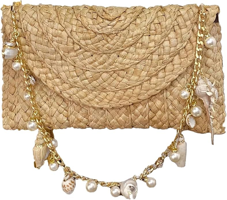 Shell Purse Straw Clutch Purse with Pearl Decoration Woven Shoulder Beachy Seashell Bags Trendy E... | Amazon (US)