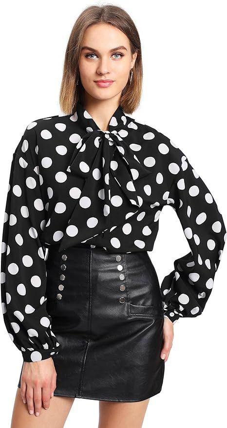 Floerns Women's Printed Bow Tied Neck Lantern Long Sleeve Workwear Shirts Blouse | Amazon (US)