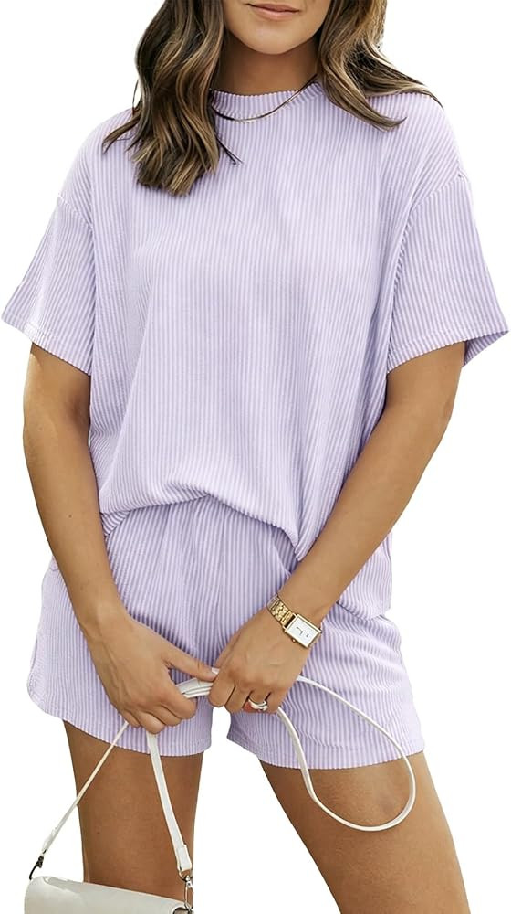 BDITANLE Women's 2 Piece Lounge Set Short Sleeve Wide Leg Shorts Pockets | Amazon (US)