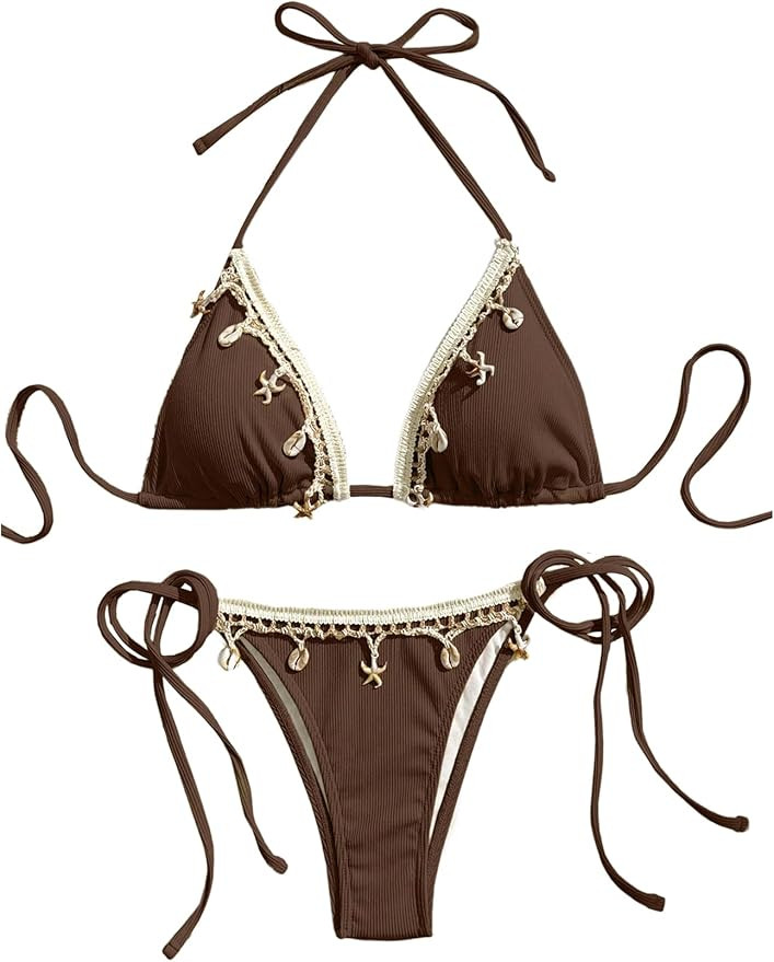 Verdusa Women's 2 Piece Sexy Halter Triangle Bikinis Thong Tie Seashell Bikini Sets Swimsuits Swi... | Amazon (US)