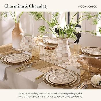 MACKENZIE-CHILDS Tall Enamel Checkered Vase, Unique Flower Vase, Brown-and-White Mocha Check, Ste... | Amazon (US)