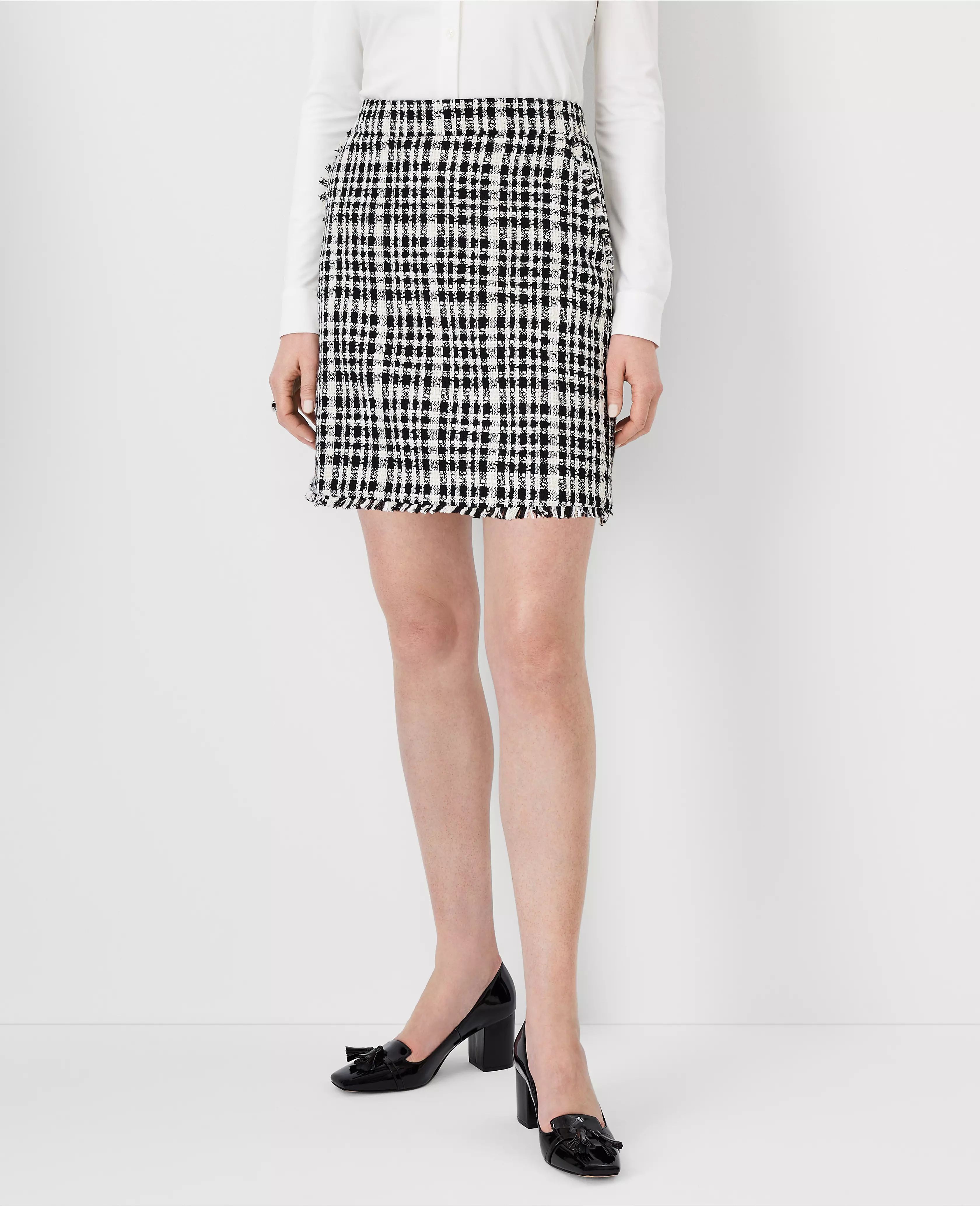 Fringe Tweed Button Tab A-Line Pocket Skirt | Ann Taylor (US)