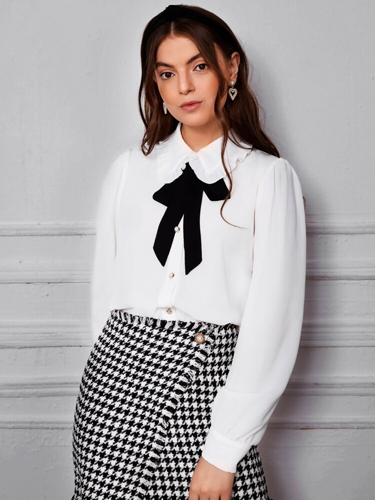 Simplee Peter Pan Collar Lace Trim Button Front Top | SHEIN