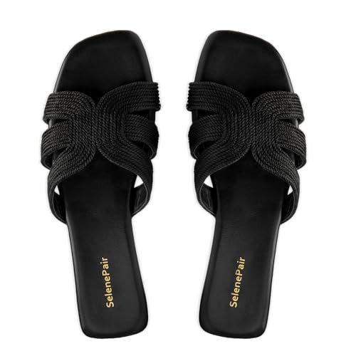 SelenePair Women's Fashion Flat Sandals Square Toe Slip On Dress Summer Slides(Black Raffia V1, Numeric_9) | Amazon (US)