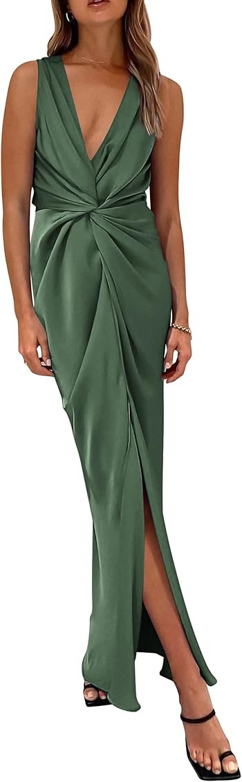 PRETTYGARDEN Women's Satin Ruched Bodycon Dress Summer 2023 Twist Front V Neck Sleeveless Split M... | Amazon (US)
