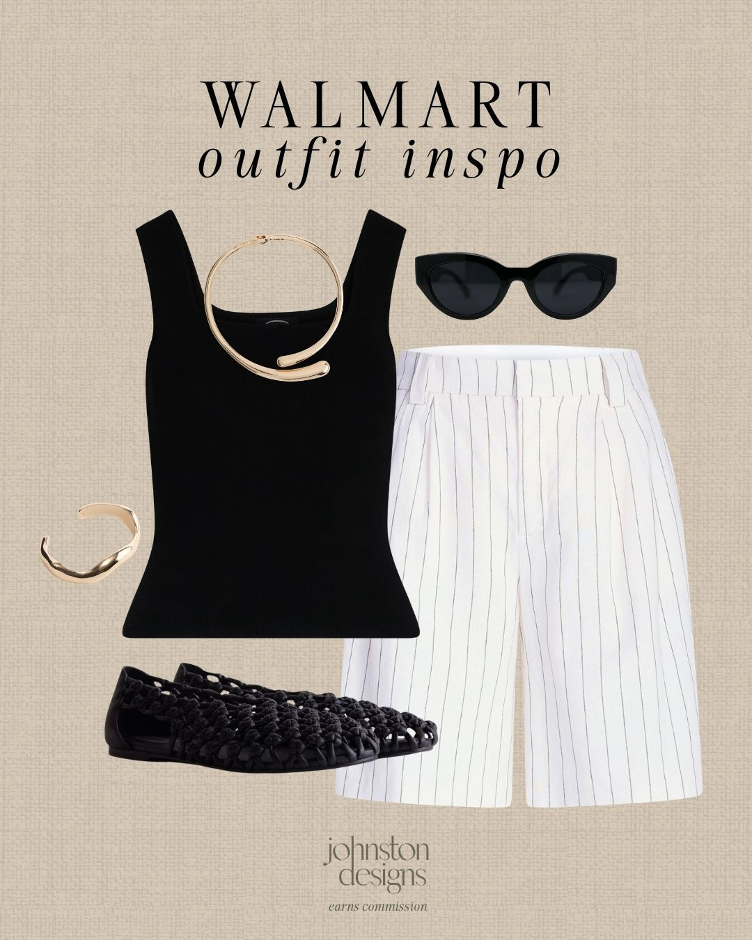 Walmart outfit inspo with a black tank, striped shorts and woven flats for an easy polished look. 🖤

Modern outfit inspo, summer outfit, Walmart fashion, affordable finds, black tank, striped shorts, woven flats, gold jewelry, cat eye sunglasses, casual chic, polished style, weekend look 

 #LTKootd #LTKSeasonal