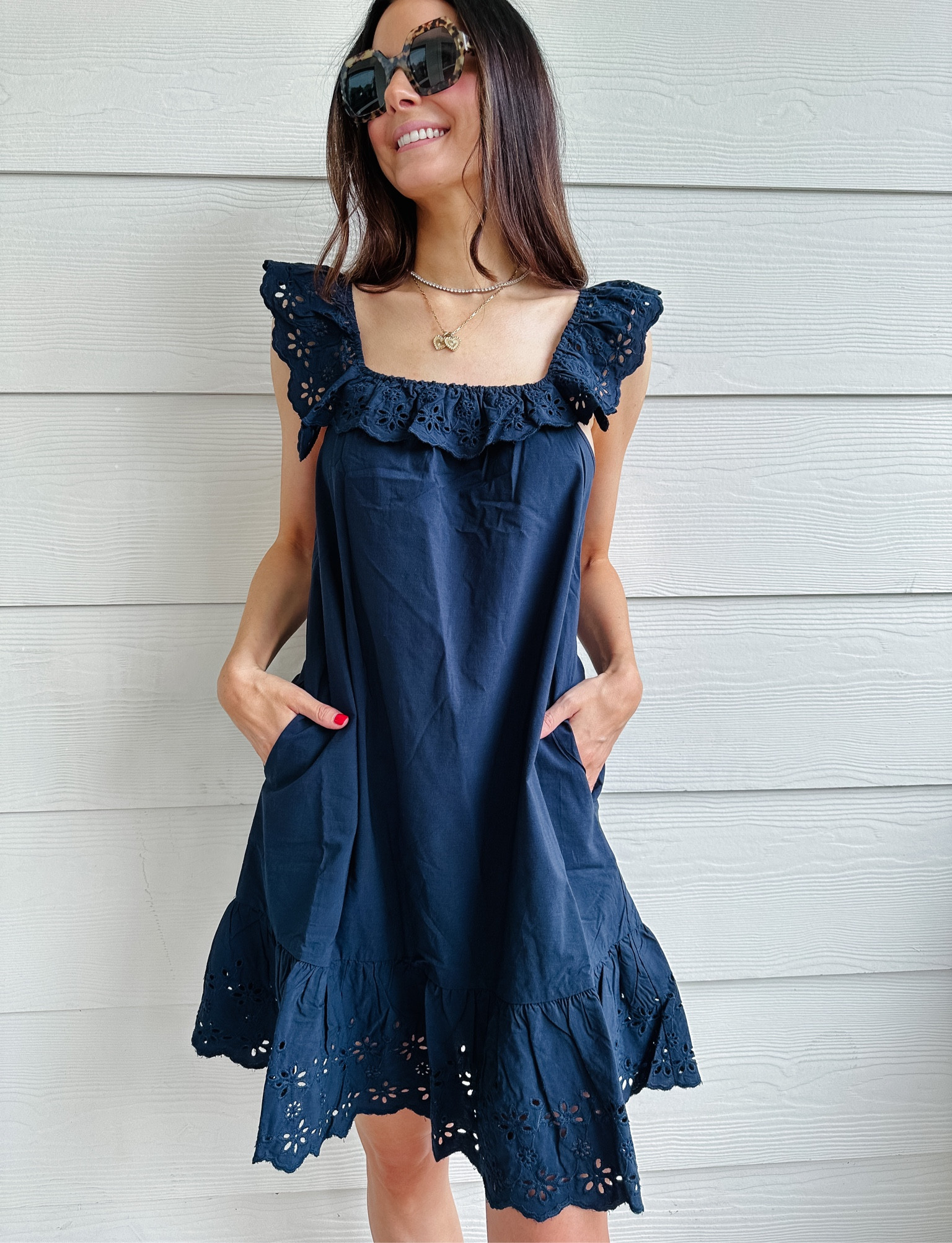 AD | a navy eyelet dress with pockets from Walmart! Wearing size xs. @walmartfashion #walmartfashion