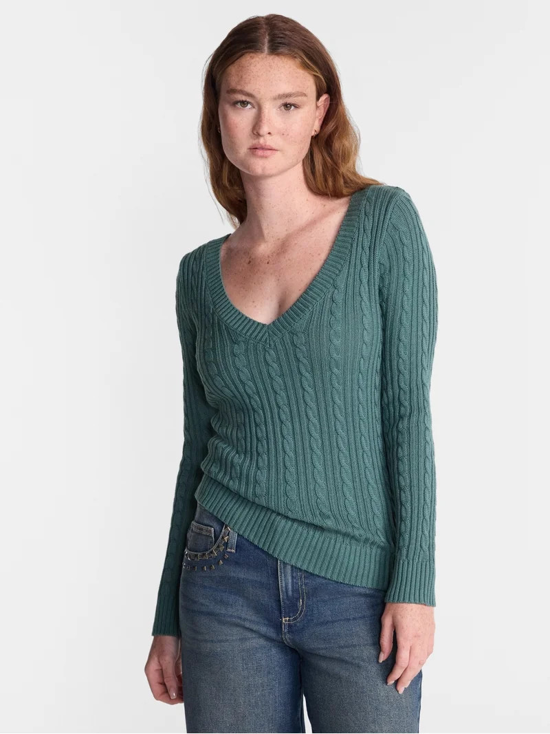 No Boundaries V-Neck Cable Knit Sweater with Long Sleeves, Midweight, Women's XXS-4X | Walmart (US)