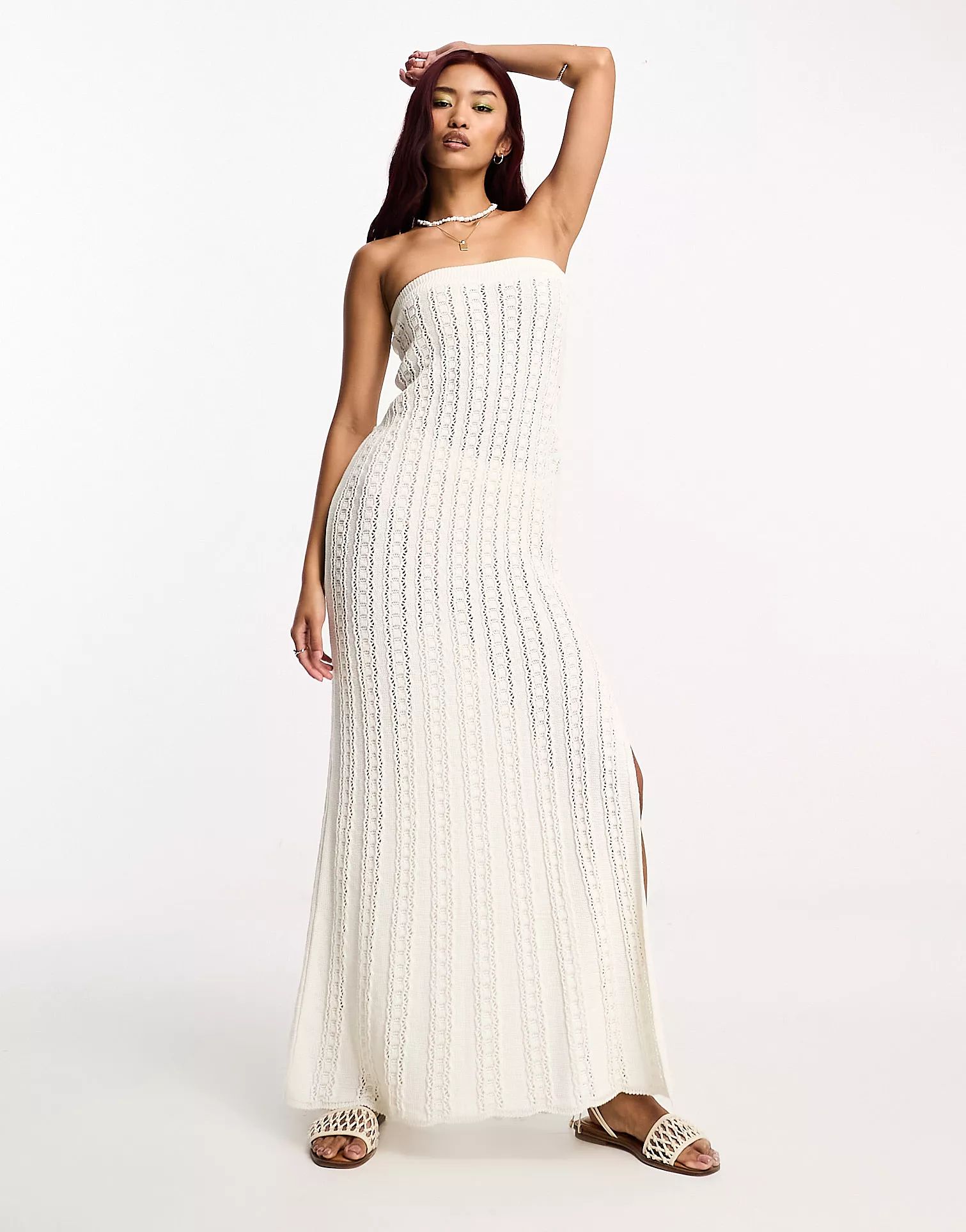 ASOS DESIGN knitted ribbed bandeau maxi dress in cream | ASOS (Global)