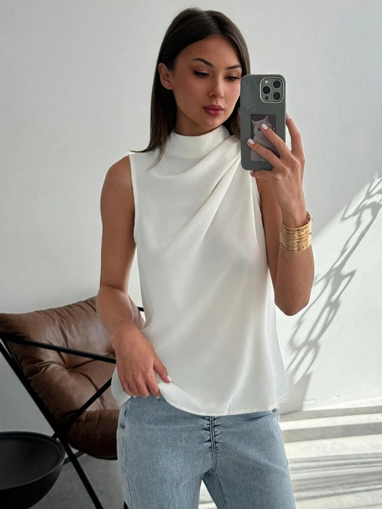 Aloruh Simple And Commuting White Woven Sleeveless Blouse With Ruched Hemi Swing For Women, Spring/Summer,Sleeveless Tops Summer Shirts And Blouses For Women Elegant Blouses For Ladies | SHEIN