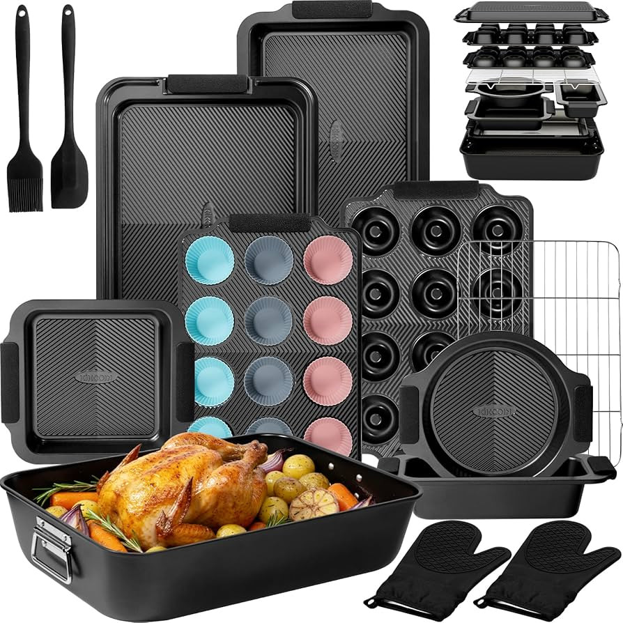 Kikcoin 25 PCS Stackable Baking Pans Set, Non-stick Bakeware Sets with Silicone Handles, 450°F O... | Amazon (US)