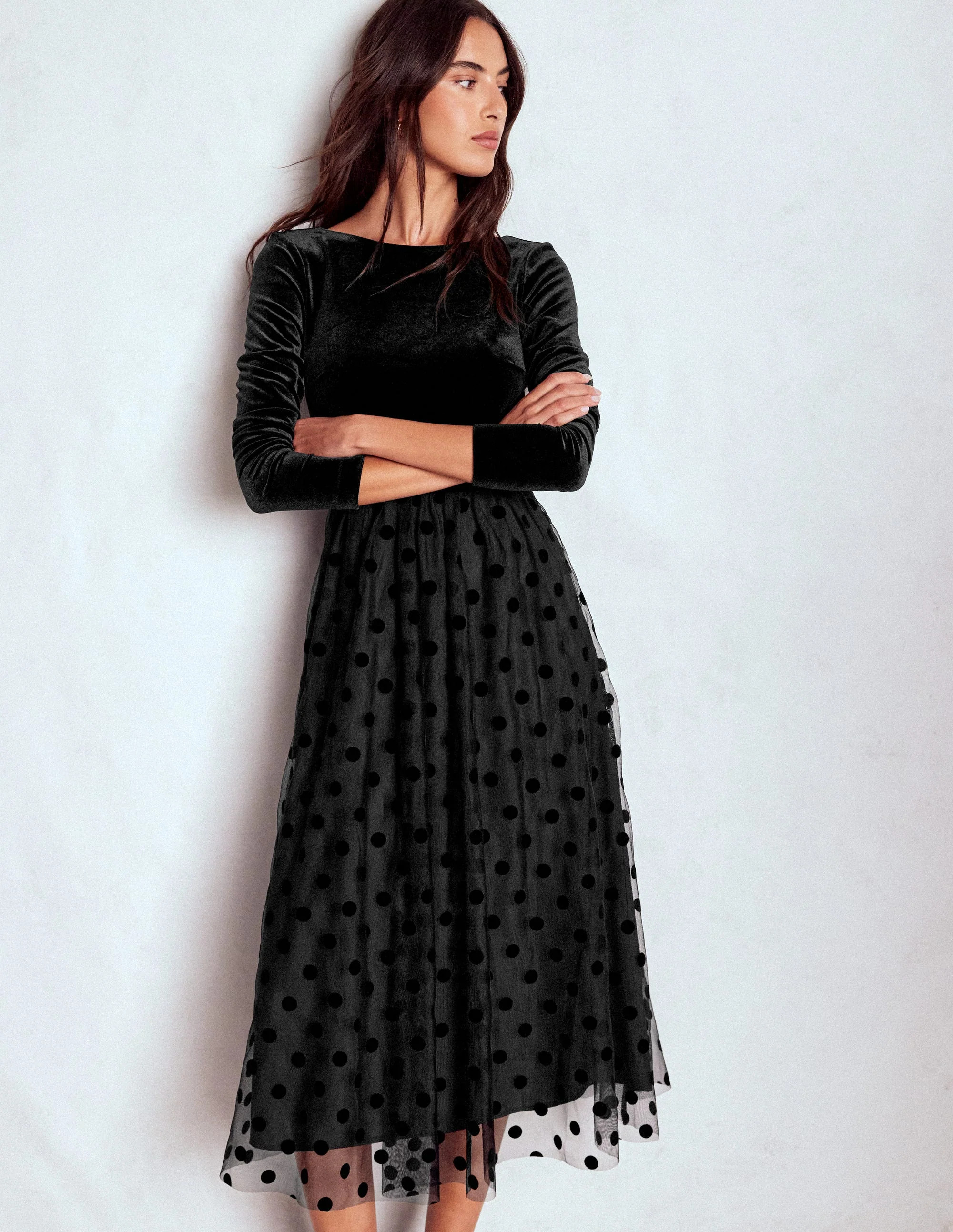 Velvet Bodice Jersey Dress-Black | Boden UK