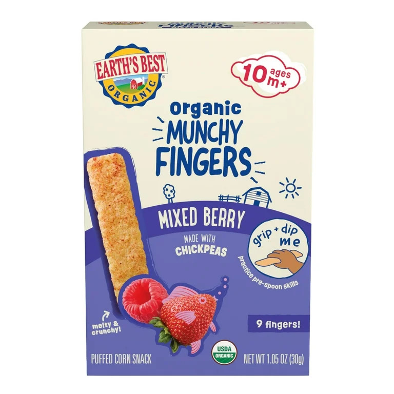 Earth's Best Organic Bite-Size Munchy Fingers Mixed Berry Puffed Baby Snack, 1.05 oz Box | Walmart (US)