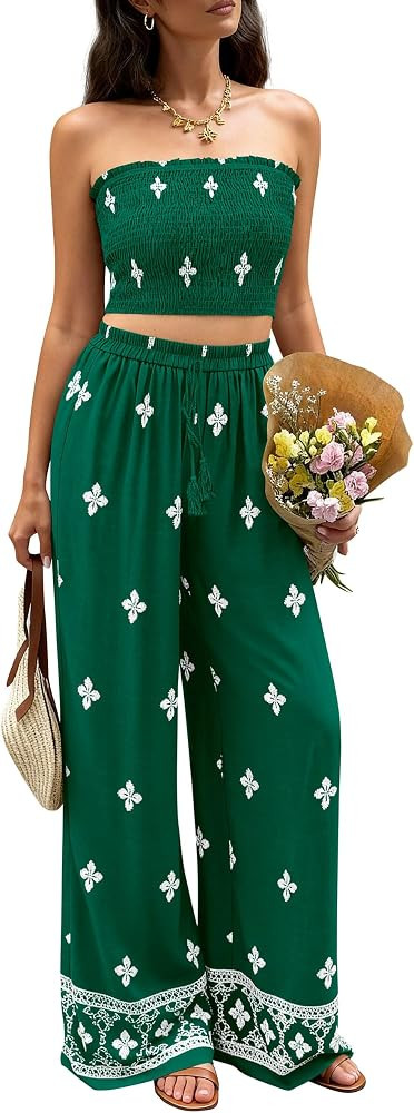 PRETTYGARDEN 2 Piece Sets for Women Summer 2026 Fashion Clothing Boho Tube Tops Wide Leg Pants Cr... | Amazon (US)