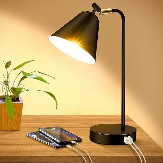 Industrial Dimmable Desk Lamp with 2 USB Charging Ports AC Outlet, Touch Control Bedside Nightsta... | Amazon (US)