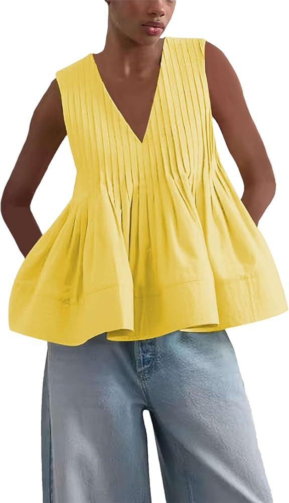 Wanzetaly Women's Summer Peplum Babydoll Tops Casual Sleeveless V Neck Blouse Tank Tops Pleated S... | Amazon (US)