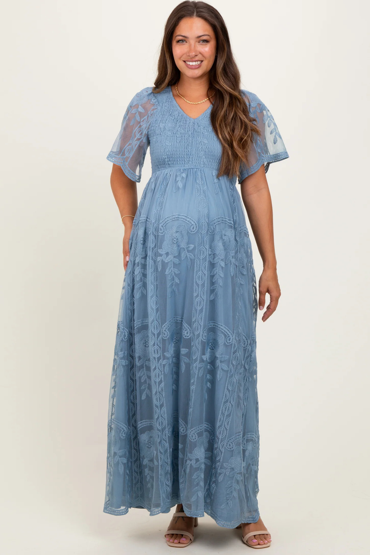 Blue Smocked Top Lace Maternity Maxi Dress | PinkBlush Maternity