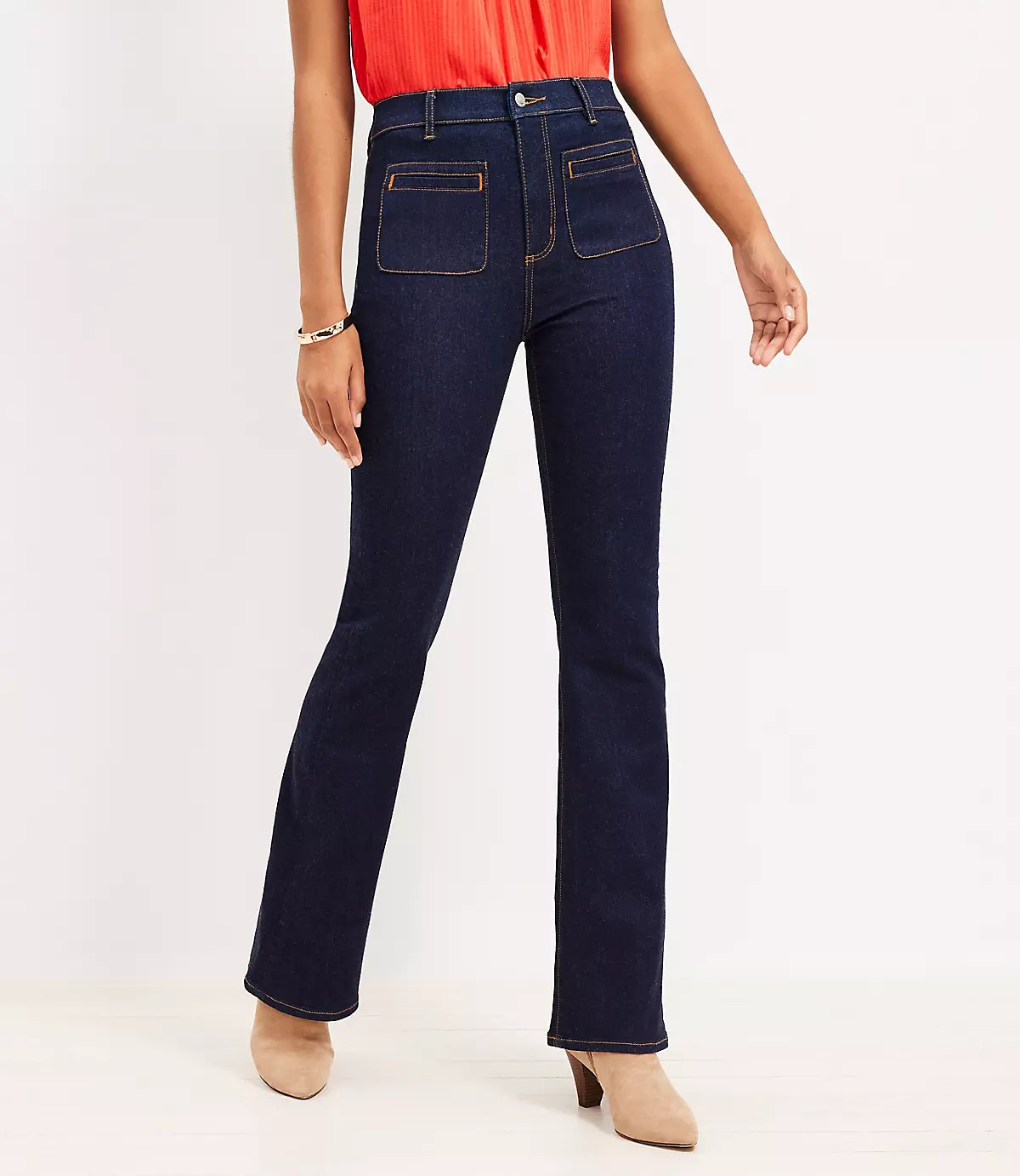 Welt Patch Pocket High Rise Slim Flare Jeans in Dark Rinse | LOFT