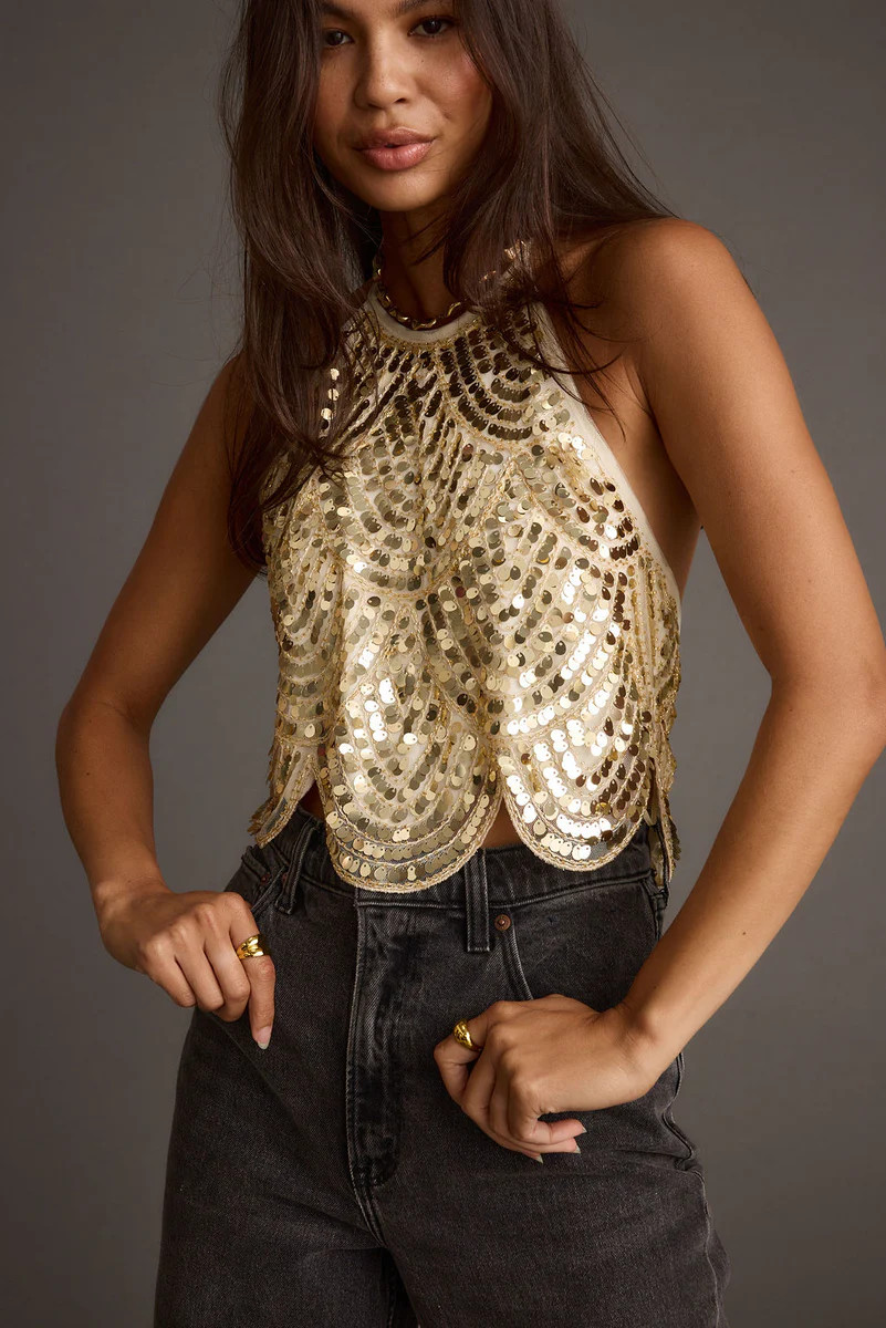 Cleo Gold Sequin Halter Tie Top | 12th Tribe