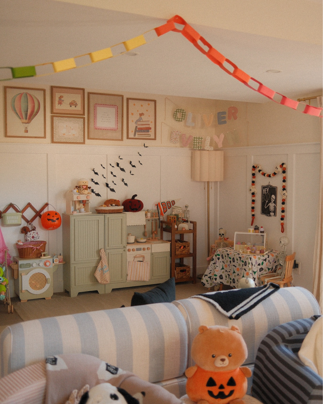 Spooky Playroom 👻🦇 one of my favorite rooms to decorate with the kids!! This year we have our center @houseofnoa play furniture and it’s the star of the show ✨ it gets played on SO much, every single day! Comment BOO for links to it all! 🥰🔗
