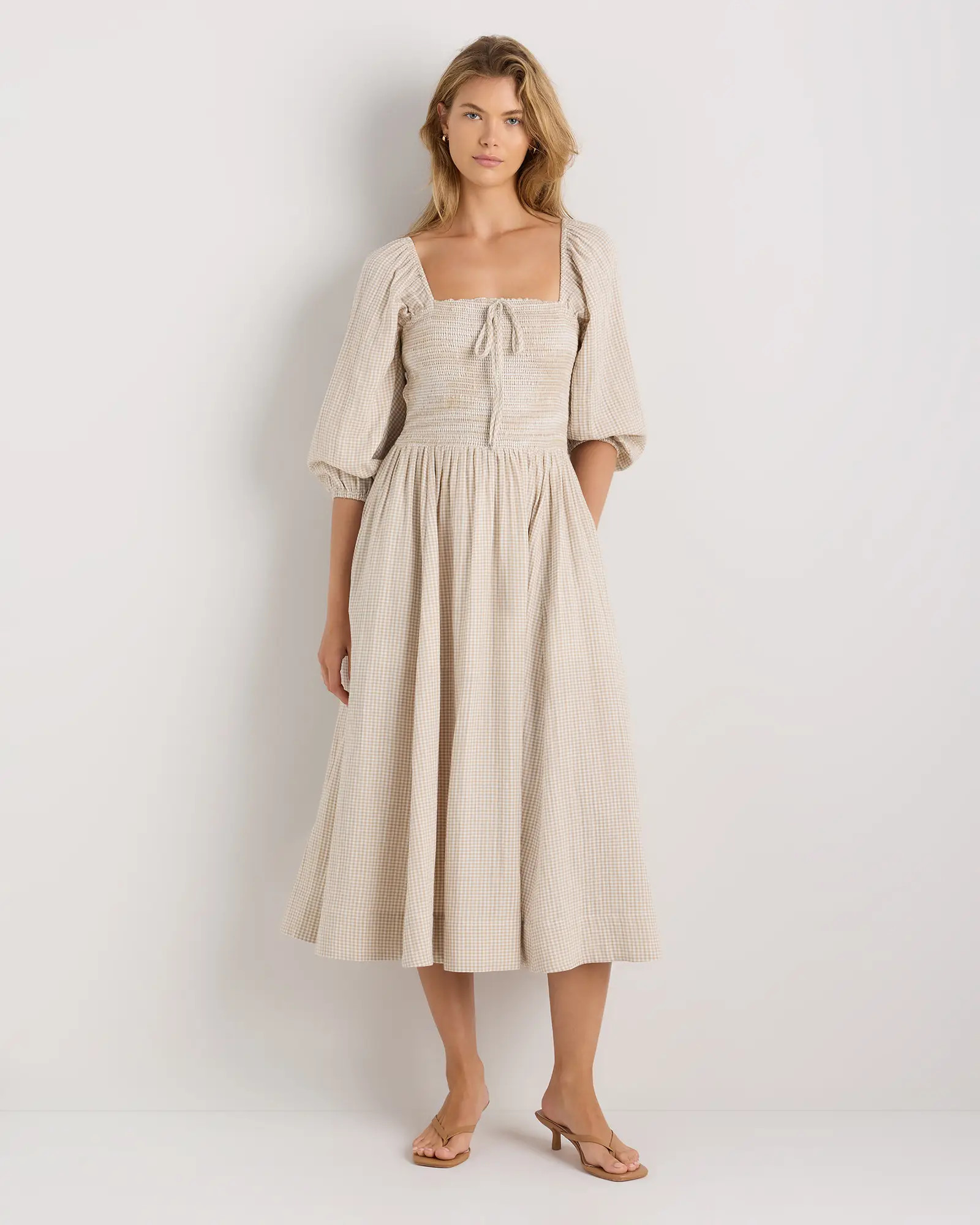 100% Organic Cotton Gauze Smocked Square Neck Midi Dress in Khaki Gingham | Quince
