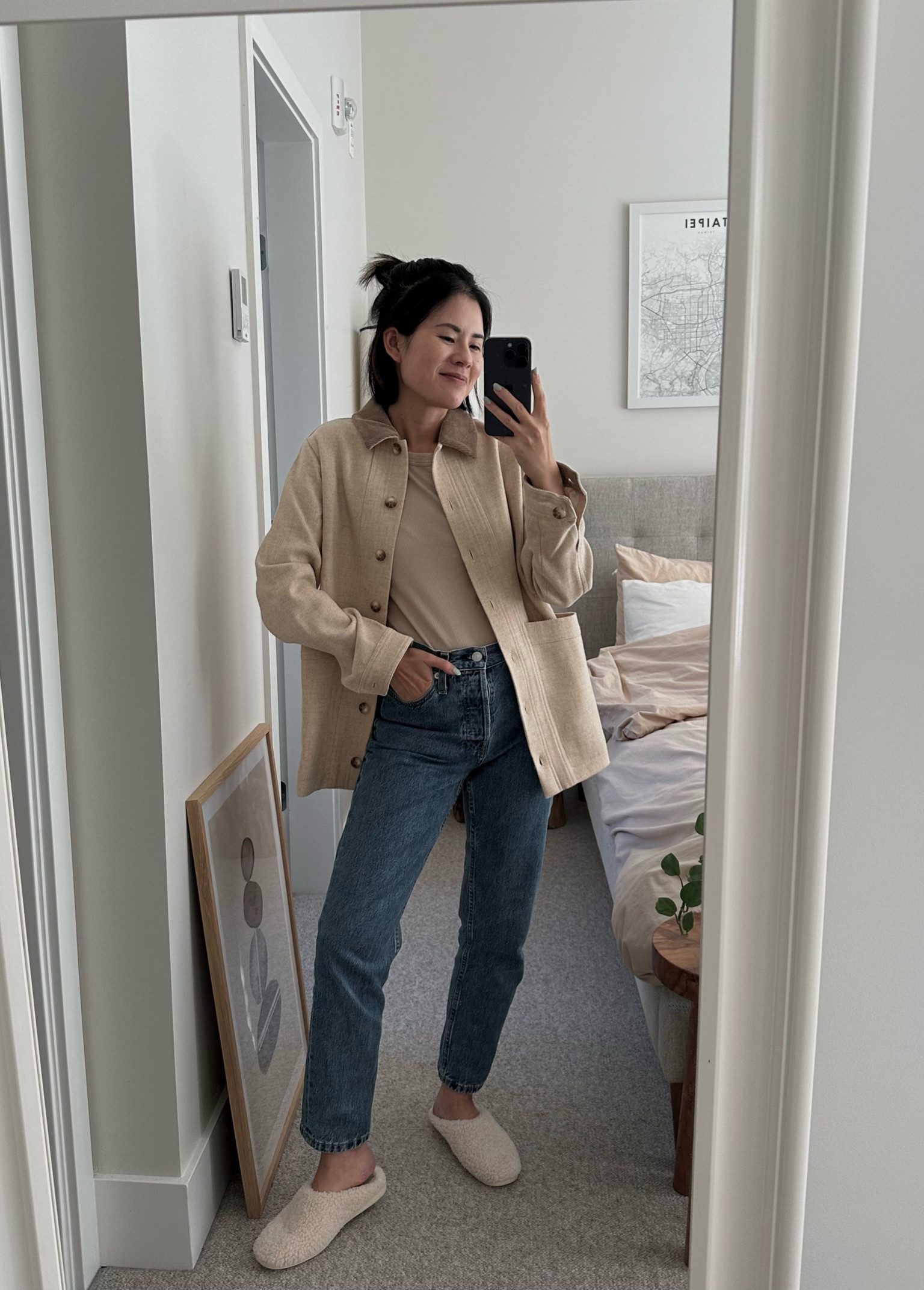 Sezane will jacket. I’m in xs but will be exchanging for s so I have more room to layer  