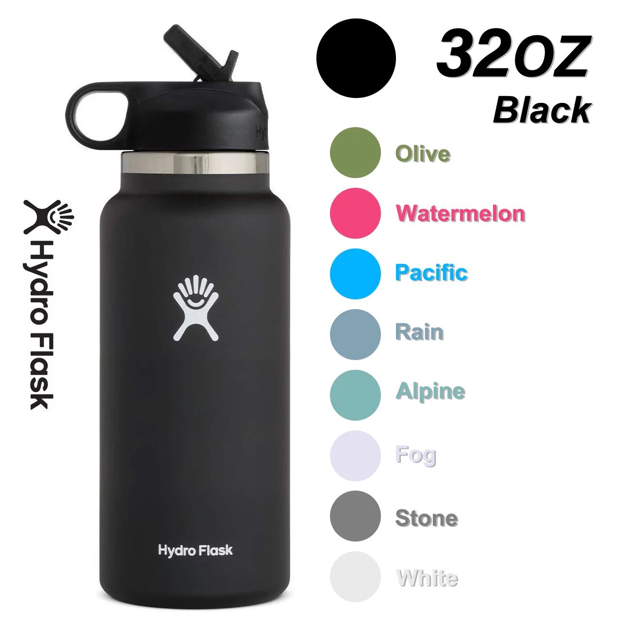Hydro Flask 32OZ Wide Mouth 2.0 Water Bottle, Straw Lid, Multiple Colors - Black, New Design - Wa... | Walmart (US)